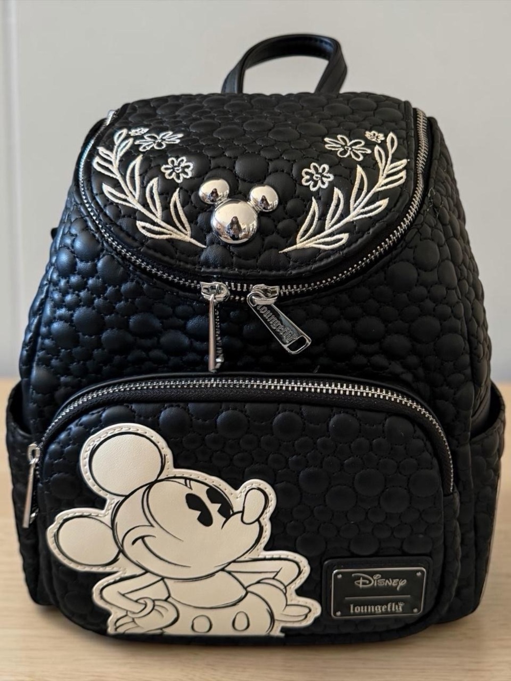 Loungefly Black Quilted Mickey Mouse Mini Backpack with Embroidered Florals
